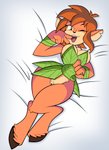 :3 anthro bed big_breasts biped black_nose bottomwear breasts cleavage clothed clothing clothing_lift featureless_crotch female fur furniture green_eyes hair hooves leaf_clothing leaf_dress no_underwear notched_ear on_bed one_eye_closed open_mouth orange_body orange_fur orange_hair plant_clothing plant_dress seductive skirt skirt_lift solo thick_thighs wide_hips wink grimphantom activision spyro_reignited_trilogy spyro_the_dragon elora deer faun_(spyro) mammal absurd_res hi_res