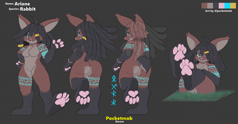 anthro dreadlocks feet female foot_focus fur hair looking_at_viewer pawpads paws simple_background smile soles solo text toes pocketmob ariane_(pocketmob) lagomorph leporid mammal rabbit absurd_res digital_media_(artwork) english_text hi_res model_sheet