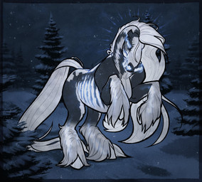 ambiguous_gender blue_eyes detailed_background feral fur grey_body grey_fur mane mouth_closed night outside plant side_view snow snowing solo tail tree white_body white_fur white_mane white_tail kardinaluz equid equine horse mammal hi_res