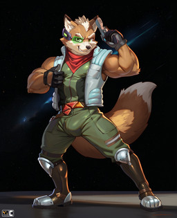 5_fingers anthro athletic athletic_anthro athletic_male biceps black_nose blaster boots bulge clothed clothed_anthro clothed_male clothing fingerless_gloves fingers flight_suit footwear forearm_muscles fur gloves grin gun hair handwear humanoid_hands kerchief male multicolored_body multicolored_fur muscular muscular_anthro muscular_male neckerchief neckwear orange_body orange_fur ranged_weapon shoes smile solo standing tail topwear two_tone_body two_tone_fur vest weapon white_body white_fur white_hair nexus nintendo star_fox the_super_mario_galaxy_movie fox_mccloud canid canine fox mammal hi_res