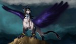 black_hair claws cosmic_wings day detailed_background dragon feathered_wings feathers feral fur furred_dragon furred_scalie hair hi_res horn male mythological_creature mythological_scalie mythology natsuakai outside scalie sky solo tail wings