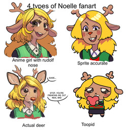 anthro antlers blonde_hair blush blush_stickers brown_nose cartoon_freckles chibi clothing collared_shirt dialogue dress_shirt eyebrows eyelashes female freckled_face freckles hair horn long_eyelashes long_hair looking_at_viewer open_mouth open_smile shirt simple_background smile solo speckle_freckles speech_bubble sweater sweater_vest teeth text topwear vest white_background verashaabrthy deltarune undertale_(series) noelle_holiday deer mammal 2026 english_text