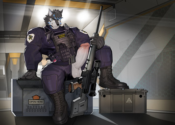 anthro bareback big_muscles big_pecs black_body black_fur black_nose blue_body blue_claws blue_fur claws clothing fingers fluffy fluffy_tail fur genitals humanoid_genitalia humanoid_penis male muscular muscular_anthro muscular_male pecs penis solo tail text tuft underwear walking white_body white_fur yellow_eyes n-art thunderrangers archermagnum canid canine canis mammal wolf absurd_res digital_media_(artwork) english_text hi_res