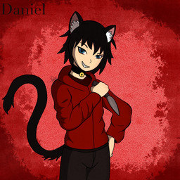 black_hair blue_eyes clothing hair inner_ear_fluff jewelry knife looking_at_viewer male mischievous_smile necklace not_furry solo tail tuft shenyiolen daniel(shenyiolen) felid feline humanoid mammal hi_res