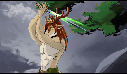 abs anthro antlers athletic athletic_male bare_chest basket_hilt belt biceps blade claws clothing cloud cloudy_sky colored_fire confident confident_male crown day detailed_background elemental_manipulation fangs fingers fire fire_manipulation fur fur_tuft green_fire guard headgear healing_magic hilt horn jerkin_(clothing) left-handed looking_at_viewer magic magic_user male mane medieval medieval_clothing melee_weapon muscular muscular_male plant pose prince royalty scabbard schiavona serious serious_face sky skyscape solo standing sword tail tail_tuft teeth text torn_clothing tree tuft warrior weapon vatruha mythology tales_from_valmeridia prince_borgon dragon mythological_creature mythological_scalie scalie 2d_animation animated hi_res portrait story story_in_description url