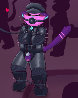 anthro ball_gag balls belt biped black_ball_gag black_belt black_boots black_clothing black_footwear black_gloves black_handwear black_hat black_headwear black_leash black_legwear black_sclera blue_body blue_eyes blue_fur blue_inner_ear_fluff blue_nose blush bodily_fluids boots chastity_cage chastity_device clothed clothing collar collar_tag crossed_arms crotch_zipper embarrassed footwear frustrated fur gag gagged genitals gloves group handwear hat headgear headwear heart_symbol humiliation inner_ear_fluff leash leather legwear male markings pink_body pink_fur purple_balls purple_body purple_fur sharp_teeth shoes silhouette simple_background smile solo_focus striped_balls striped_genitalia striped_markings striped_tail stripes submissive submissive_male sweat tail tail_markings teeth tuft boundmage instant_loss_2koma nintendo pokemon gao_(meowmcmeow) felid feline generation_7_pokemon mammal pokemon_(species) torracat 2025 4:5 absurd_res digital_media_(artwork) hi_res