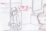 blood bodily_fluids dialogue duo male nosebleed text canisfidelis okami_wolf vrock canid canine mammal colored_pencil_(artwork) english_text traditional_media_(artwork)