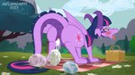 2_horns 3_toes all_fours alternate_species animal_genitalia anthro basket bedding big_butt blanket blue_sky bodily_fluids breath butt cloaca cloaca_juice container cutie_mark day egg egg_from_pussy exhausted eyebrows feet female flower gaping gaping_cloaca genital_fluids genitals grass hair horn looking_back membrane_(anatomy) membranous_wings mountain open_mouth oviposition panting picnic picnic_basket picnic_blanket plant purple_body purple_eyes purple_hair purple_scales purple_wings scales sky solo spikes spikes_(anatomy) sweat tail toes tongue tongue_out tree wings metalhead97 friendship_is_magic hasbro my_little_pony mythology twilight_sparkle_(mlp) dragon mythological_creature mythological_scalie reptile scalie 16:9 2023 absurd_res digital_drawing_(artwork) digital_media_(artwork) hi_res widescreen