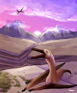 ambiguous_gender canyon detailed_background duo feral flying lying mountain outside resting solo_focus sunset wings yellow_eyes corvarts navajodactylus prehistoric_species pterosaur reptile scalie hi_res signature