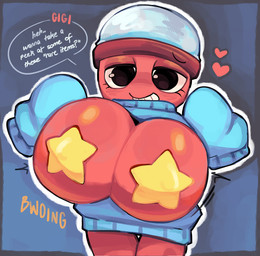 big_breasts black_eyes blue_clothing blue_sweater blue_topwear breasts clothed clothed_female clothed_humanoid clothing ellipsis eyelashes female female_humanoid for_a_head glistening glistening_breasts half-closed_eyes heart_symbol huge_breasts narrowed_eyes nipple_outline not_furry onomatopoeia orange_text outline outline_speech_bubble oversized_clothing oversized_sweater oversized_topwear pasties red_body red_breasts red_heart red_text smile solo sound_effects speech_bubble standing star_pasties sweater teeth text topwear white_outline white_sclera white_text yellow_pasties yes-no_question b_uckethead blushcrunch_studio dandy's_world roblox gigi_(dandy's_world) animate_inanimate humanoid object_head toon_(dandy's_world) 2024 character_name digital_media_(artwork) english_text hi_res shaded