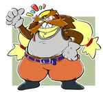 2022 anthro balue bandai_namco bottomwear brown_body canid canine canis clothing domestic_dog eyes_closed facial_hair gloves handwear humanoid_hands kemono klonoa_(series) male mammal mustache okudami overweight overweight_male pants shirt simple_background solo topwear
