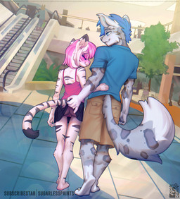 anthro biped blue_clothing blue_hair bottomwear butt clothed clothing detailed_background duo female genitals hair inside larger_male male pupils rear_view size_difference smile tail thick_thighs topwear vulva young sugarlesspaints felid mammal pantherine snow_leopard hi_res