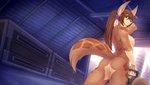 2020 anthro breasts brown_hair canid canine canis conditional_dnp detailed_background female genitals green_eyes hair hi_res jackal long_hair mammal nipples nude pussy scappo shoulder_blades smile solo tsenaya