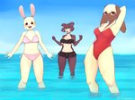 anthro bikini bikini_bottom bikini_top black_clothing black_swimwear blush breasts cleavage clothed clothing female group hand_behind_head humanoid_hands legs_in_water looking_at_viewer one-piece_swimsuit open_mouth open_smile outside partially_submerged pattern_clothing pattern_swimwear pink_clothing pink_swimwear red_clothing red_swimwear sky smile standing standing_in_water striped_clothing striped_swimwear stripes submerged_legs swimwear two-piece_swimsuit under_boob water ale_vananice beastars haru_(beastars) juno_(beastars) kyuu_(beastars) canid canine canis domestic_rabbit dwarf_rabbit lagomorph leporid lop_rabbit mammal oryctolagus rabbit wolf 2020 4:3 hi_res