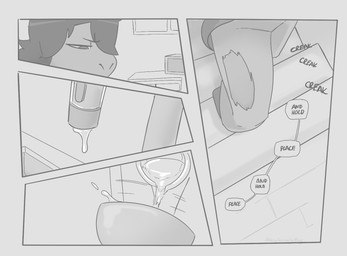 ambiguous_gender anthro appliance bottomwear bowl clothed clothing container hair kitchen kitchen_appliance long_hair microwave_oven mostly_offscreen_character pants pouring sink solo stairs torn_bottomwear torn_clothing torn_pants wall_cabinet water_drop averysweatyboy deltarune undertale_(series) susie_(deltarune) reptile scalie comic monochrome female_(lore)