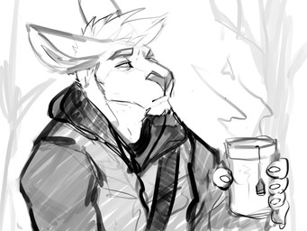 anthro beverage clothed clothing hair holding_beverage holding_object male male_anthro mouth_closed narrowed_eyes outside short_hair solo solaxe_(artist) solaxe kangaroo macropod mammal marsupial 4:3 bust_portrait hi_res monochrome portrait sketch