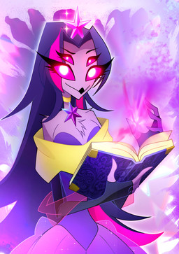 4_eyes abstract_background alternate_species anthro arm_tuft beak book breasts chest_tuft clothing dress female hair jewelry magic multi_eye multicolored_hair necklace purple_body purple_sclera shoulder_tuft solo tuft two_tone_hair white_eyes citwatthxngcha1 friendship_is_magic hasbro hellaverse my_little_pony the_lesser_key_of_solomon twilight_sparkle_(mlp) avian avian_demon bird demon owl owl_demon absurd_res hi_res