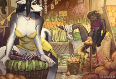 4_toes ambiguous_anthro ambiguous_feral ambiguous_gender anthro anthro_focus apron areola areola_slip bangs barefoot basket big_breasts biped black_body black_ears black_fur black_hair black_nose black_tail blush bodily_fluids bok_choy bottomwear bottomwear_around_one_leg bottomwear_down box breasts carrot claws cleavage clitoral_hood clothed clothed_anthro clothed_female clothing clothing_around_one_leg cobblestone container crate crop_top cucumber curly_hair day detailed_background digitigrade dress duo_focus ears_down eggplant eyelashes eyes_closed facial_piercing farmers_market feet female female_anthro female_focus female_peeing feral flower food fruit fur furniture garlic genital_fluids genitals gold_(metal) gold_jewelry gold_necklace gold_piercing grape group hair humanoid_genitalia humanoid_vulva jewelry lavender_(flower) leek lemon long_hair looking_aside market melon mouth_closed multicolored_body multicolored_fur navel necklace nose_piercing nose_ring onion open_mouth orange_(fruit) outside paws peeing peeing_outside peeing_together piercing pink_areola pink_nose pivoted_ears plant public public_exposure public_urination pupils purple_clothing purple_crop_top purple_ear_piercing purple_shirt purple_topwear raised_clothing raised_dress raised_leg red_eyes ring_piercing rope septum_piercing septum_ring shirt shorts shorts_around_one_leg sign sitting snout spread_legs spreading stool surprised tail text toe_claws toes topwear two_tone_body two_tone_fur two_tone_nose two_tone_tail urine urine_on_food urine_pool urine_stream vaginal_fluids vegetable vulva watersports white_body white_bottomwear white_claws white_clothing white_fur white_inner_ear white_shorts white_tail yellow_body yellow_clothing yellow_dress yellow_fur yellow_tail lameboast artica_(lameboast) strife_(lameboast) canid canine canis domestic_cat domestic_dog felid feline felis husky hybrid mammal nordic_sled_dog spitz wolfdog 2026 artist_name hi_res shaded