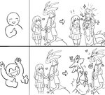 before_and_after blush cheering clothed clothing comparison cute_fangs duo exclamation_point fangs female feral gajinka gesture hair hand_gesture heart_symbol interspecies long_hair male open_mouth question_mark sharp_teeth simple_background speech_bubble surprise surprised_expression teeth thumbs_up transformation white_background takekono mythology dragon human humanoid mammal mythological_creature mythological_scalie scalie black_and_white hi_res monochrome