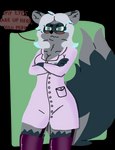 angry anthro blushing_profusely border breasts cleavage clothed clothing coat dialogue female fluffy fluffy_tail fur grey_body grey_fur hair lab_coat legwear looking_at_viewer neck_tuft raised_tail simple_background simple_nose solo speech_bubble tail talking_to_viewer text thigh_highs toony topwear transparent_border tuft white_hair fylumi femlumi_(fylumi) domestic_ferret hybrid mammal mustelid musteline procyonid raccoon true_musteline weasel alpha_channel english_text hi_res shaded simple_shading