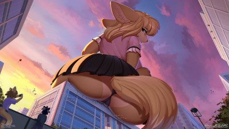 5_fingers ambiguous_anthro ambiguous_gender anthro biped black_bottomwear black_clothing black_miniskirt black_panties black_skirt black_underwear bottomwear building butt butt_crush camel_toe city clothed clothing cloud crush destruction extreme_size_difference female female_anthro female_focus fingers fur group humanoid_hands larger_female low-angle_view macro macro_anthro macro_female macro_focus miniskirt outside panties pink_clothing pink_shirt pink_topwear pleated_skirt shirt sitting sitting_on_building size_difference skirt sky smaller_ambiguous solo_focus sunset thick_thighs topwear trio underwear upskirt worm's-eye_view yellow_body yellow_fur discordthege ambient_flier canid canine fennec_fox fox mammal true_fox 16:9 2021 colored digital_media_(artwork) digital_painting_(artwork) hi_res painting_(artwork) widescreen