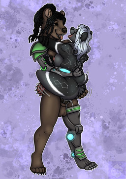 ambiguous_penetration anthro balls bodily_fluids breasts butt butt_grab constellation_markings cum cum_inside dreadlocks duo female genital_fluids genitals hand_on_butt male male/female markings nipples penetration penis robotic_arm robotic_leg sex stand_and_carry_position standing standing_sex star_(marking) tongue tongue_out arwenscoots conditional_dnp cass_(arwenscoots) bear brown_bear giant_panda grizzly_bear mammal ursine hi_res