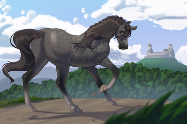 black_mane black_tail brown_eyes butt castle cloud eyelashes female feral forest fur grass_field grey_body grey_fur hill leg_markings looking_back mane markings medieval_architecture outside plant raised_tail rear_view side_view sky skyscape smile socks_(marking) solo tail tree white_socks_(marking) jaribka kingdom_come:_deliverance pebbles_(kingdom_come:_deliverance) equid equine horse mammal