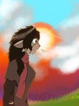 bodily_fluids brown_body brown_clothing brown_hair brown_skin clothing female hair red_scarf scarf sun tears yunya_haun kunitidraws voices_of_the_void ariral 3:4 absurd_res hi_res