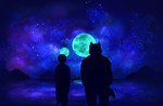 anthro biped duo hair human_on_anthro interspecies larger_anthro male male/male moon mountain night outside rear_view short_hair silhouette size_difference standing star stargazing tail sadness_hao adastra adastra_(series) echo_project amicus_(adastra) canid canine canis human mammal wolf hi_res