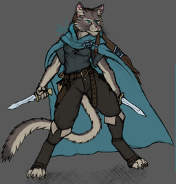 anthro cloak clothed clothing dagger female fur hair melee_weapon simple_background solo weapon frostwyrm102 hasbro wizards_of_the_coast catfolk domestic_cat felid feline felis mammal traditional_media_(artwork)