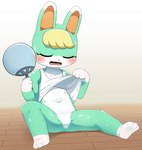 3_toes 4_fingers anthro blonde_hair blush bodily_fluids bottomless clothed clothing eyes_closed featureless_crotch feet fingers fur green_body green_fur hair holding_object multicolored_ears navel null partially_clothed sitting solo spread_legs spreading sweat toes tongue white_body white_ears white_fur sum animal_crossing nintendo sasha_(animal_crossing) lagomorph leporid mammal rabbit 2023 hi_res