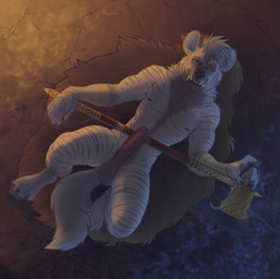 4_toes 5_fingers arm_wraps axe balls biceps claws digitigrade erection fangs feet fingers genitals half-closed_eyes humanoid_genitalia humanoid_penis long_penis looking_at_viewer lying male melee_weapon muscular muscular_male muscular_thighs narrowed_eyes nipples nude on_back penis quads solo teeth toes weapon wraps yellow_eyes xenoforge hyena mammal striped_hyena