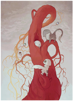 ambiguous_feral ambiguous_gender border brown_body brown_fur brown_sky brown_spots detailed_background dot_eyes feral fur grey_body grey_fur grey_stripes group markings mottled mottled_body mottled_fur multicolored_body multicolored_fur outside red_tree simple_eyes sky spots spotted_body spotted_fur striped_body striped_fur stripes tail two_tone_body two_tone_fur white_body white_border white_fur white_tail jejejunum eyeball_monster fraid_(species) 2025 digital_drawing_(artwork) digital_media_(artwork) hi_res