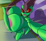 antennae_(anatomy) anthro areola big_breasts breasts covering covering_breasts female green_body huge_breasts looking_at_viewer mandibles non-mammal_breasts nude pink_areola red_sclera selfie shadow solo tongue tongue_out winterwarning eliot_(heroic_ones) arthropod insect mantis