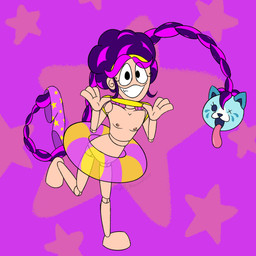accessory bottomless bottomless_female bottomless_humanoid braided_hair brown_nipples caucasian clothed clothing clothing_lift doll duo eye_through_hair eyelashes female flashing flashing_chest flat_chested genitals grin hair hair_accessory hairband looking_at_viewer multicolored_hair nipples on_one_leg one_calf_up pantsless pink_hair pool_float pool_toy prehensile_hair purple_hair raised_arm raised_leg shirt shirt_lift simple_background smile smiling_at_viewer solo standing star swimming_trunks swimwear topwear toy translucent translucent_hair vulva slightlyarousedguy mob_entertainment poppy_playtime candycat_(poppy_playtime) lily_lovebraids animate_inanimate domestic_cat felid feline felis human humanoid mammal 1:1 hi_res