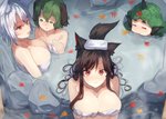 big_breasts blush breast_envy breasts brown_hair cleavage clothed clothing female green_eyes green_hair group hair horn hot_spring looking_at_viewer onsen red_eyes smile towel towel_only water white_hair kasuka_(kusuki) asian_mythology east_asian_mythology mythology touhou aunn_komano kagerou_imaizumi kyouko_kasodani momiji_inubashiri animal_humanoid canid canid_humanoid foo_dog horned_humanoid humanoid mammal mammal_humanoid 2018