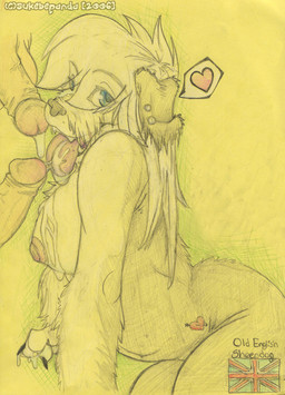 anthro arrow_through_heart bodily_fluids cum disembodied_penis ear_piercing erection fellatio female genital_fluids genitals group group_sex heart_symbol humanoid_genitalia humanoid_penis licking looking_at_viewer male male/female mmf_threesome nude oral penile penis penis_lick piercing sex solo_focus tattoo text threesome tongue tongue_out trio sukebepanda canid canine canis domestic_dog mammal 2006 colored_pencil_(artwork) english_text mixed_media source_request traditional_media_(artwork) yellow_theme