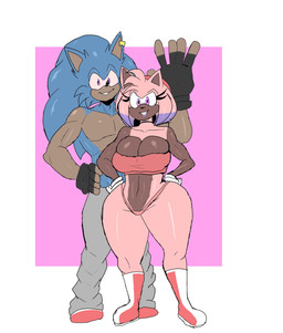 anthro big_breasts blue_body bottomwear breasts cleavage clothed clothing crop_top dark_body dark_skin duo ear_piercing ear_ring eyelashes female fingerless_gloves footwear gloves grin hands_on_hips handwear highlights_(coloring) male pants piercing pink_body purple_eyes purple_highlights ring_piercing shirt shoes smile thong topwear underwear wide_hips susknuckles sega sonic_the_hedgehog_(series) amy_rose sonic_the_hedgehog eulipotyphlan hedgehog mammal absurd_res hi_res