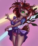 anthro bottomwear breasts cleavage clothed clothing clothing_lift dress dress_lift female horn panties skirt skirt_lift solo underwear derpifecalus prisma6 friendship_is_magic hasbro my_little_pony arthropod changeling equid equine horse mammal pony hi_res