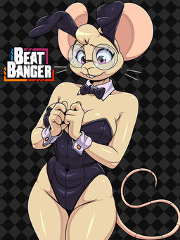 4_fingers anthro big_ears black_background black_bow_tie black_clothing bodily_fluids bow_ribbon bow_tie breasts bunny_costume checkered checkered_background cleavage clothed clothed_anthro clothed_female clothing collarbone costume eyebrows eyelashes eyewear fake_ears fake_rabbit_ears female female_anthro fingers freckled_face freckles front_view fur glasses grey_background hair long_eyelashes medium_breasts multicolored_ears navel_outline pattern_background pink_eyes pink_inner_ear pupils round_glasses shirt_collar shirt_cuffs shy simple_background solo standing sweat tail tan_body tan_fur tan_hair thigh_gap wearing_glasses whiskers skay_smidyth_samuel beat_banger bunfan_games makayla_cohen mammal mouse murid murine rodent 2026 3:4 absurd_res digital_media_(artwork) hi_res