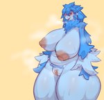 anthro areola beak big_areola big_breasts blue_body blue_eyebrows blue_fur blue_hair bodily_fluids breasts curvy_figure eyebrows female fur genital_fluids genitals hair huge_breasts huge_thighs nipples non-mammal_breasts non-mammal_nipples nude open_mouth pubes pussy red_eyes simple_background solo steam steaming_body sweat thick_thighs vaginal_fluids voluptuous wide_hips yellow_background solterv torioba-chan avian bird hi_res