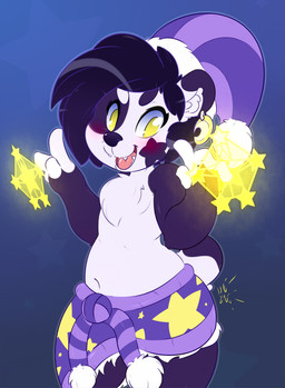 anthro clothed clothing eyelashes fur hair happy long_hair magic male navel open_mouth simple_background smile solo teeth tongue topless yellow_eyes young kemotobi wish_(kemotobi) bear giant_panda mammal 2016