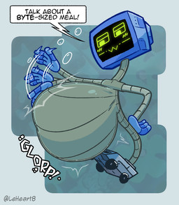 abdominal_bulge ambiguous_gender belly belly_slap big_belly blush for_a_head glorp grey_body huge_belly humor machine metallic_body not_furry onomatopoeia pun rumbling_stomach screen screen_face simple_background slap slapping_own_belly slapping_self solo sound_effects standing text vore wheel wheel_feet leheart nickelodeon spongebob_squarepants karen_plankton object_head robot screen_head 2025 english_text hi_res signature female_(lore)