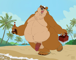 4_toes anthro backwards_baseball_cap backwards_hat balls barefoot baseball_cap beach belly brown_body brown_fur clothing detailed_background drunk feet flip_flops footwear fur genitals hat headgear headwear humanoid_genitalia humanoid_hands humanoid_penis male moobs overweight overweight_anthro overweight_male paws penis sandals seaside shoes solo substance_intoxication toes osos bear mammal 2019