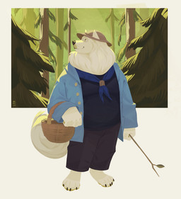 anthro basket blue_clothing blue_jacket blue_outfit blue_topwear clothing container fluffy forest forest_background hat headgear headwear jacket light male neck_tuft neckwear plant pointy_ears smile solo sunlight topwear tree tuft remulle_(artist) juhani_(juhanisamoyed) canid canine canis domestic_dog mammal nordic_sled_dog samoyed spitz absurd_res hi_res