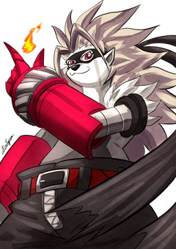 anthro belt bottomwear clothing cybernetics female fur grey_body grey_fur machine mask mechanical_arm pants red_eyes smile smirk solo zipper rina_tigressa bandai_namco digimon digimon_beatbreak cyborg digimon_(species) wolvermon hi_res