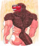 anthro barazoku biceps butt looking_at_viewer male mask muscular muscular_male nude rear_view shower smile solo tail teeth wet wet_body yellow_eyes pinumontbalou king_of_fighters snk king_of_dinosaurs dinosaur human mammal prehistoric_species reptile scalie absurd_res hi_res traditional_media_(artwork)