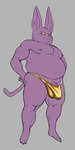 anthro belly clothing ear_piercing ear_ring genitals hairless male musclegut muscular navel nipple_piercing nipples pecs penis penis_base piercing purple_body ring_piercing solo speedo swimwear yellow_eyes wkd dragon_ball dragon_ball_super champa alien domestic_cat felid feline felis hairless_cat mammal hi_res