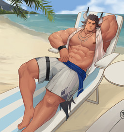 abs barazoku beach beach_chair beard biceps big_muscles brown_hair bulge clothed clothing eyes_closed facial_hair hair horn jewelry male muscular muscular_male necklace nipples pecs solo swimming_trunks swimwear tail topwear vest xianyusamuel arknights hypergryph studio_montagne matterhorn_(arknights) animal_humanoid bovid bovid_humanoid bovine bovine_humanoid cattle_humanoid humanoid mammal mammal_humanoid hi_res