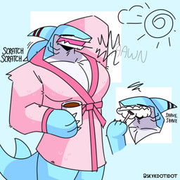 anthro bathrobe biped blue_background blue_body claws clothed clothed_anthro clothed_male clothing container countershade_face countershade_neck countershade_torso countershading cup emanata eyes_closed fin finger_claws front_view fully_clothed fully_clothed_anthro fully_clothed_male gills head_fin holding_container holding_cup holding_mug holding_object holding_razor holding_tool male mug multicolored_body muscular muscular_anthro muscular_male neck_gills onomatopoeia open_mouth pecs pink_bathrobe pink_clothing pink_robe pose razor red_stripes robe scratching_back scratching_self shaving simple_background snout solo sound_effects striped_fin stripes tail tail_fin text tools two_tone_body white_body white_countershading skykdotidot sky_k.i._(character) aquatic fish shark 2024 artist_name bust_portrait digital_drawing_(artwork) digital_media_(artwork) hi_res portrait three-quarter_portrait